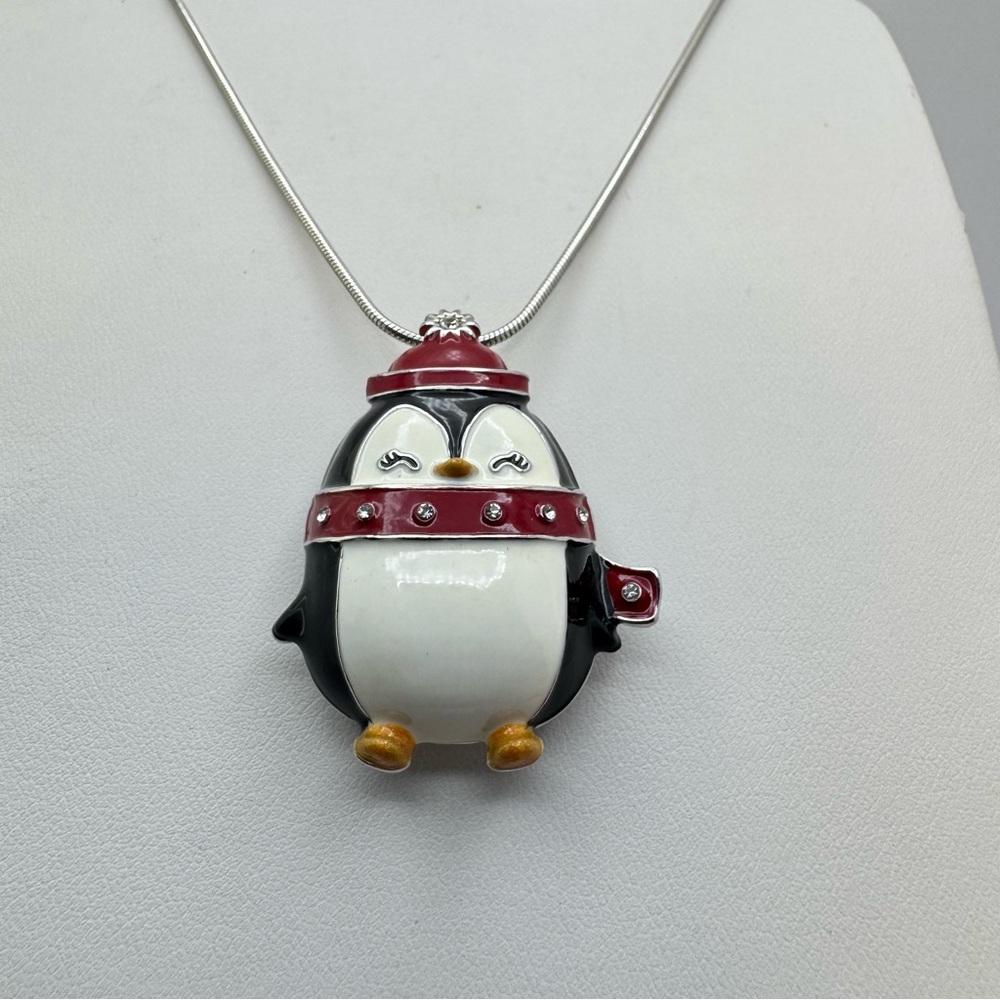 Silver Tone Enamel Penguin Necklace Winter Holiday Cute Boho Long Snake Chain